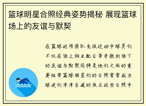 篮球明星合照经典姿势揭秘 展现篮球场上的友谊与默契